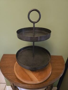 Rustic Black 2 Tier Metal Pedestal Display Stand Tray, 15 "